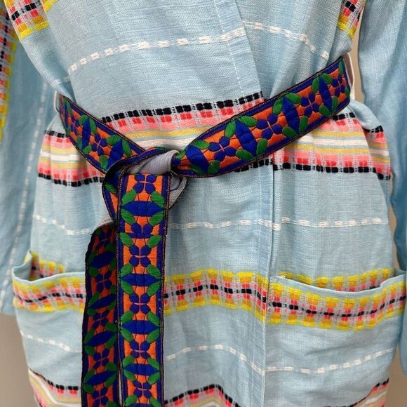 LEMLEM‎ Blue Multi Embroidered Long Wrap Kimono Sleeve Robe Dress sz Small NEW - Picture 8 of 9